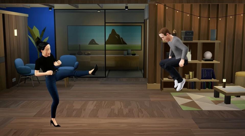 A screenshot of the metaverse showing that Mark Zuckerberg has both discovered the jump button and has decorated his Animal Crossing house to look like the old Sun Microsystems office. A screenshot of the metaverse showing that Mark Zuckerberg has both discovered the jump button and has decorated his Animal Crossing house to look like the old Sun Microsystems office.