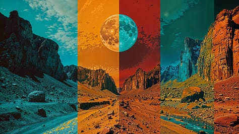 A planet or moon, hovers over a rocky, mountainous terrain with a desert and a river. The image is divided into four quadrants of orange, yellow, blue, and green.