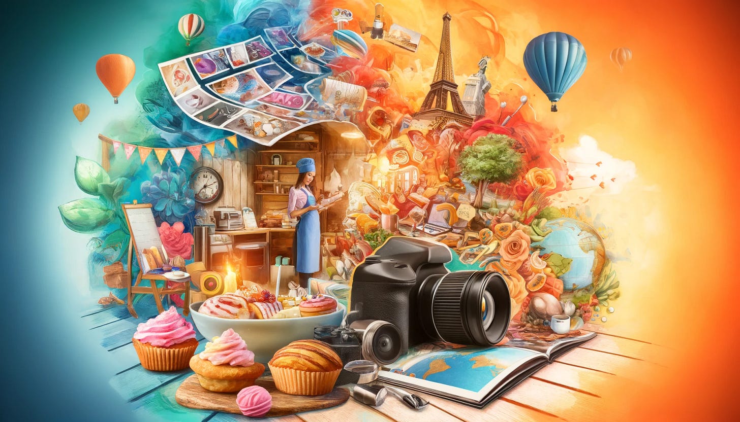DALLE image: collage representing the concept of multipotentiality with the themes of baking, photography, and travel