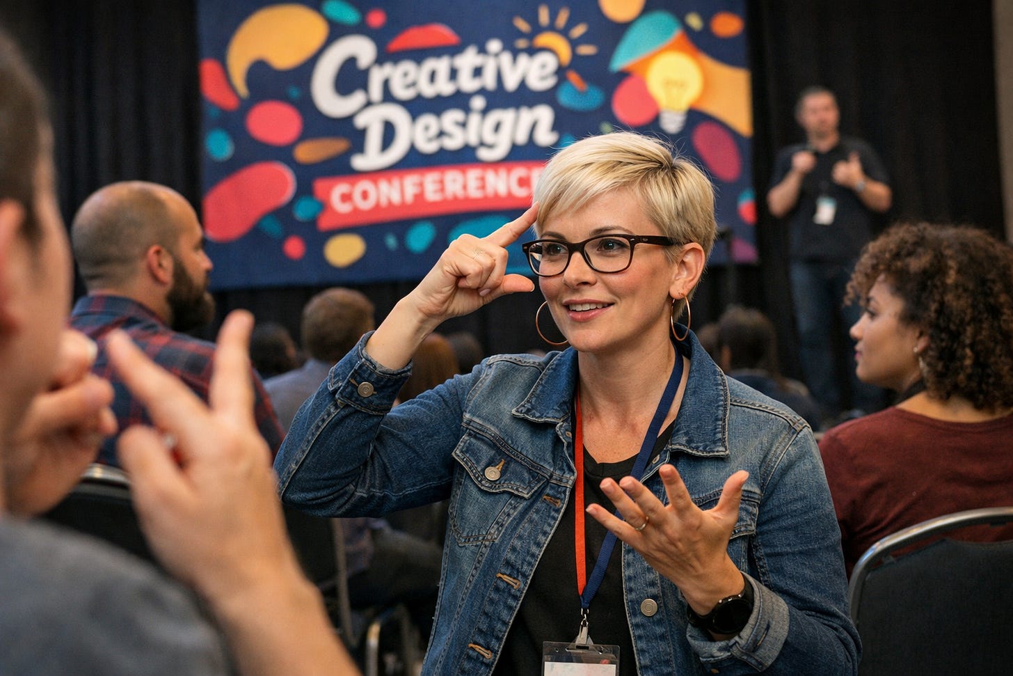 Two people sign to each other during a break at the Creative Design Conference, with an ASL interpreter visible on stage in the background. Two people sign to each other during a break at the Creative Design Conference, with an ASL interpreter visible on stage in the background.