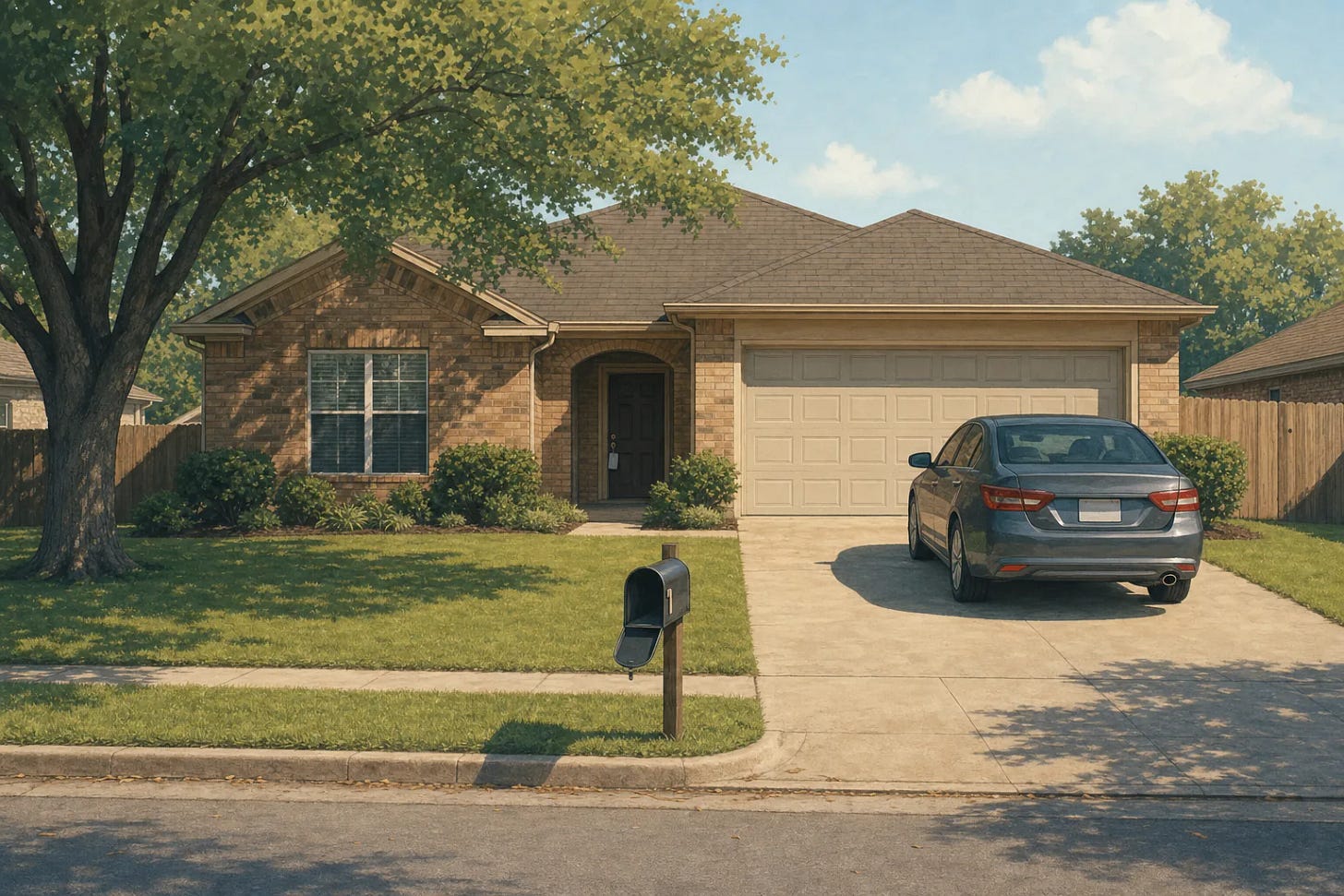 Ordinary Texas brick house with a cut lawn, an unfamiliar car parked in the driveway and an open empty mailbox at the curb Ordinary Texas brick house with a cut lawn, an unfamiliar car parked in the driveway and an open empty mailbox at the curb