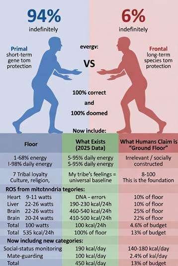 An abstract depiction of opposing forces Primal and Frontal in a dynamic struggle, with energy sources and social factors.
