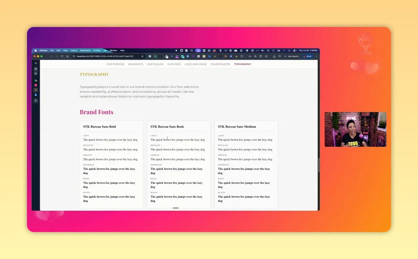 Brand guide page showing color swatches and branding details