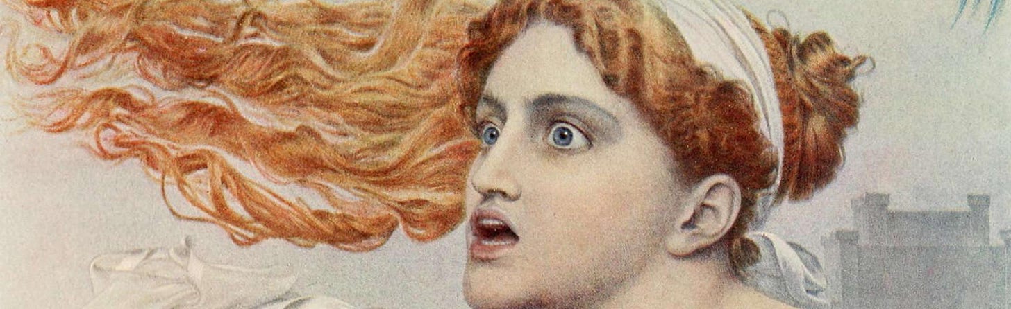 Painting of a woman with fiery red hair, her mouth slightly open, her eyes wide in horror. 