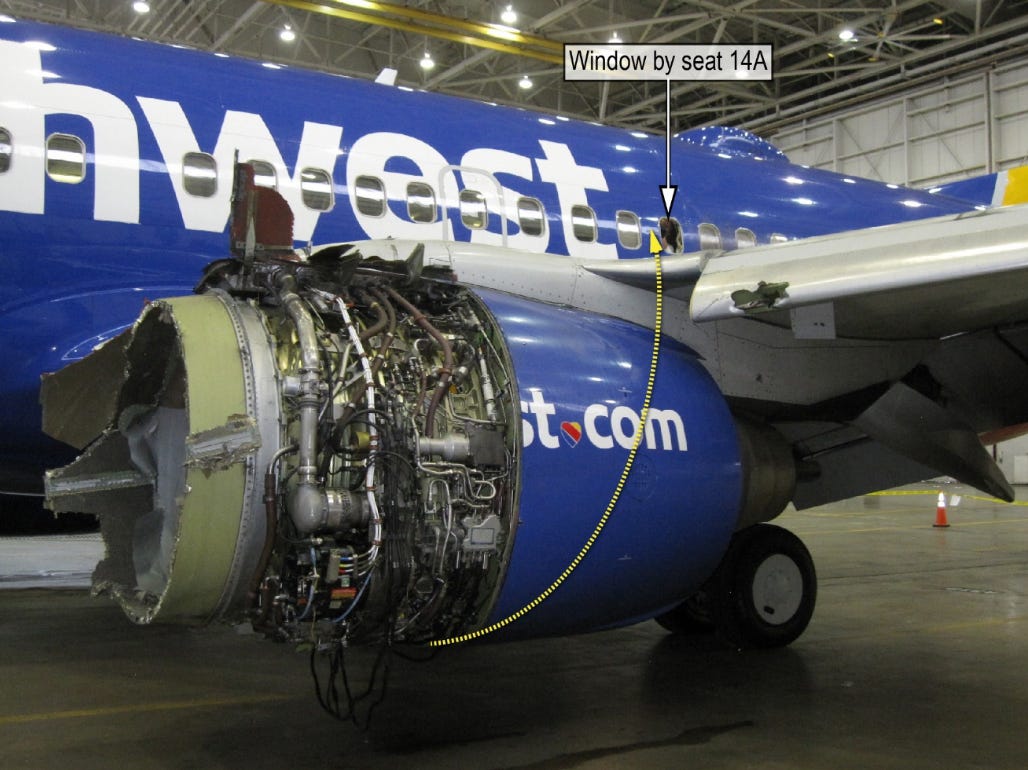 A destroyed engine nacelle from Flight 1380