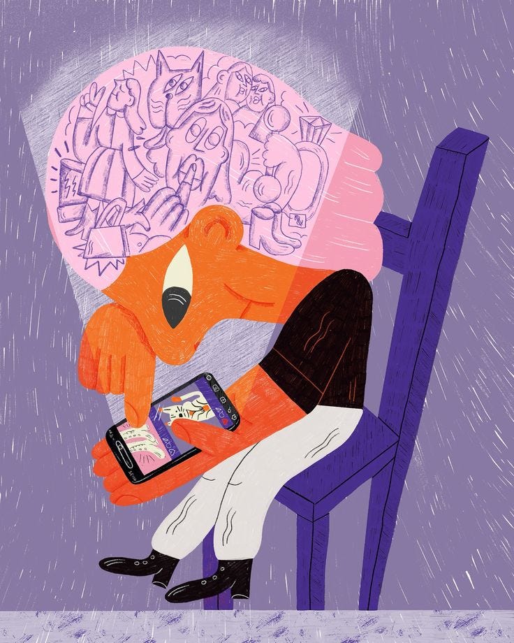 This may contain: an illustration of a person sitting in a chair holding a cell phone and looking at the screen This may contain: an illustration of a person sitting in a chair holding a cell phone and looking at the screen