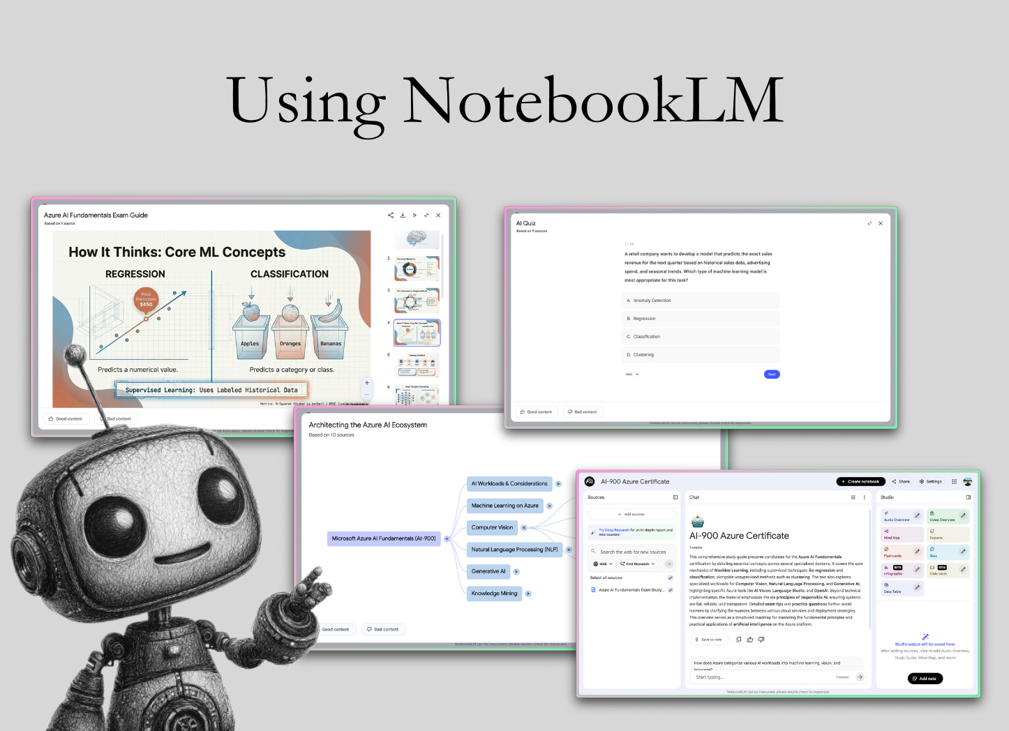 NotebookLM tutorial overview showing slide decks, mind maps, and quizzes