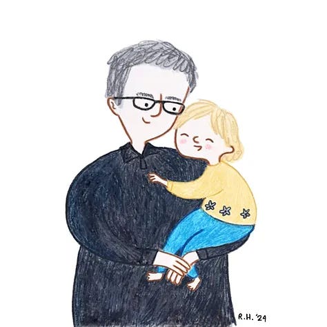 A gallery of cartoon illustrations showing various pets, grandparents, parents, and children smiling, holding hands, and hugging