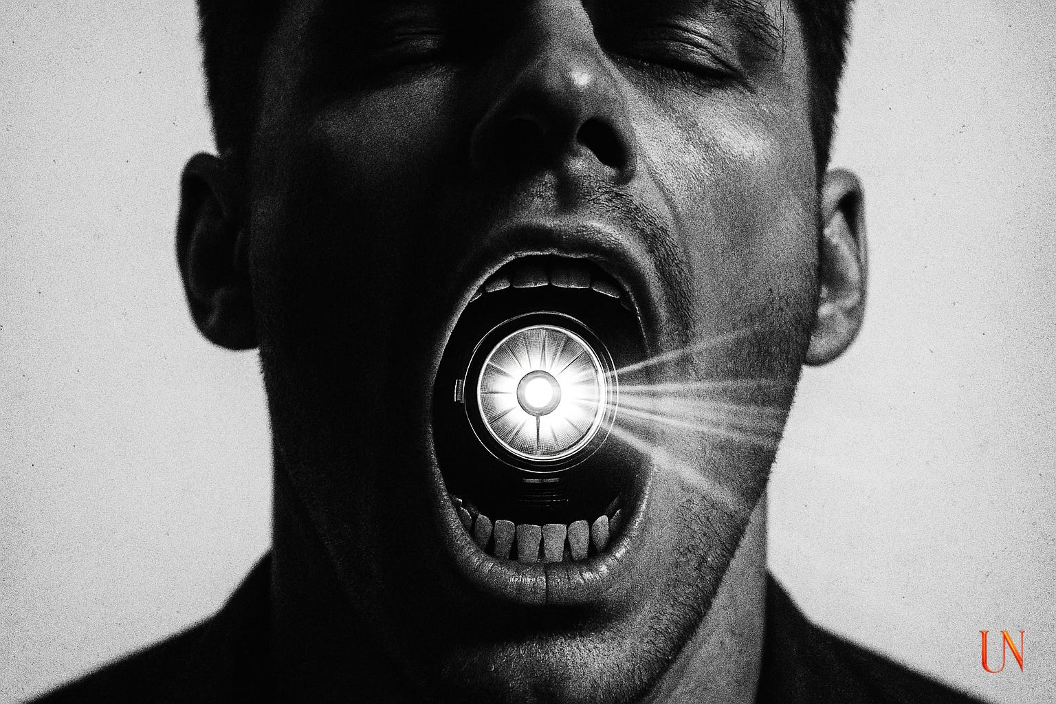 A stark black-and-white image of a man’s face with mouth wide open. Instead of a throat, a bright industrial floodlight shines outward, beams of light radiating past his teeth. The image evokes speech as illumination and the mouth as both witness and weapon.