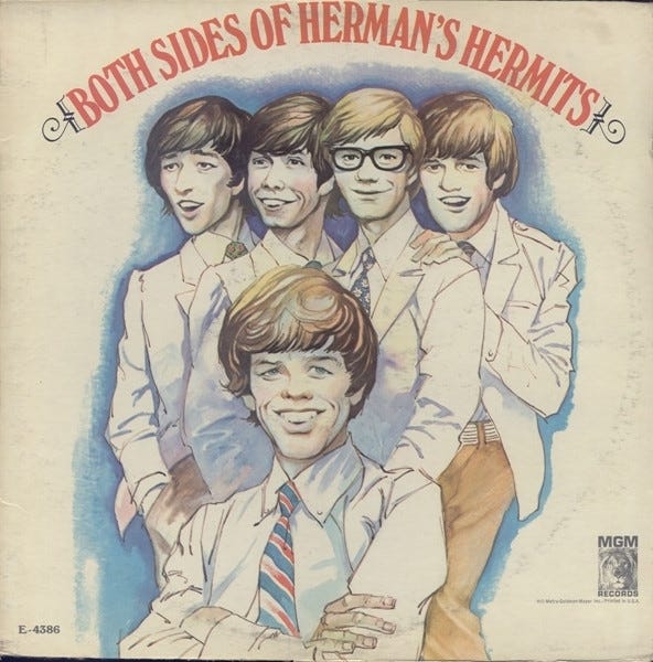 An album cover for Both Sides of Herman's Hermits showing a caricature style illustration of the band members by Frank Frazetta