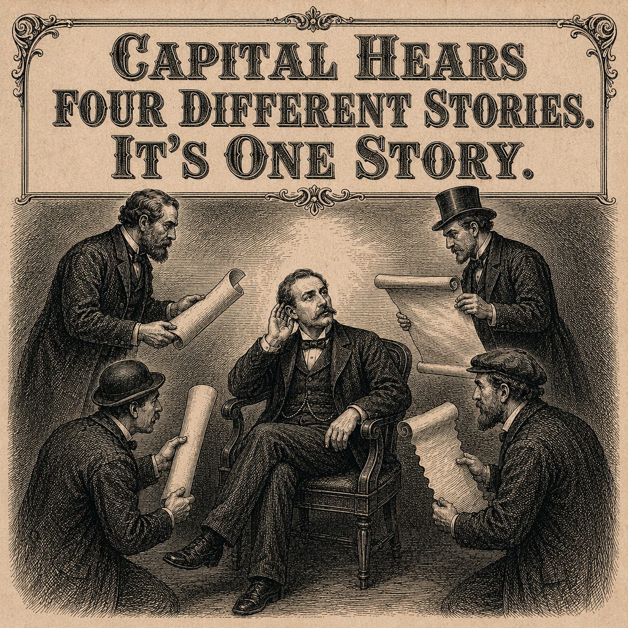 Wood-engraving editorial pull-quote card in the Thomas Nast Harper's Weekly style for Attention Capital's essay The Capital Side of the Canary. The engraved Victorian serif inscription in the upper third reads "CAPITAL HEARS FOUR DIFFERENT STORIES. IT'S ONE STORY." Below the inscription, four messengers approach a single seated listener from four different directions, each carrying a distinct scroll, with the listener seated in a wooden armchair cupping a hand to their ear. The image argues the central thesis of the essay: what capital treats as four separate phenomena (audience shift, real creator businesses, extractive instruments, cross-category pattern) is one story about durable behavioral cash flow becoming financeable. Keywords: creator economy, one phenomenon, capital thesis, behavioral cash flow, credit signal. Wood-engraving editorial pull-quote card in the Thomas Nast Harper's Weekly style for Attention Capital's essay The Capital Side of the Canary. The engraved Victorian serif inscription in the upper third reads "CAPITAL HEARS FOUR DIFFERENT STORIES. IT'S ONE STORY." Below the inscription, four messengers approach a single seated listener from four different directions, each carrying a distinct scroll, with the listener seated in a wooden armchair cupping a hand to their ear. The image argues the central thesis of the essay: what capital treats as four separate phenomena (audience shift, real creator businesses, extractive instruments, cross-category pattern) is one story about durable behavioral cash flow becoming financeable. Keywords: creator economy, one phenomenon, capital thesis, behavioral cash flow, credit signal.