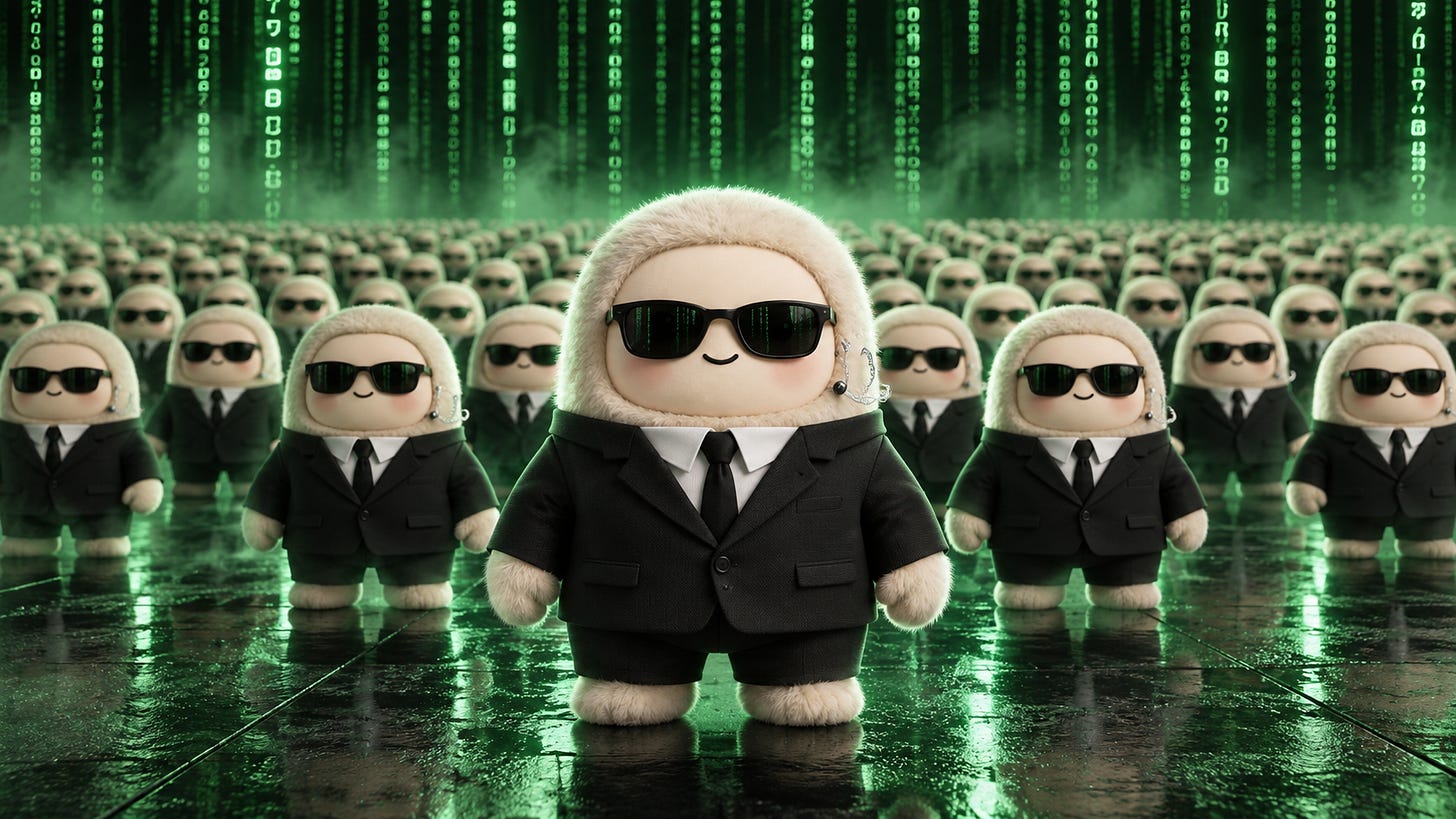 A crowd of identical plush toys dressed as movie-style secret agents, in black suits, ties and dark sunglasses with earpieces, standing in rows on a wet, reflective floor under falling green code. One larger plush stands front and center.