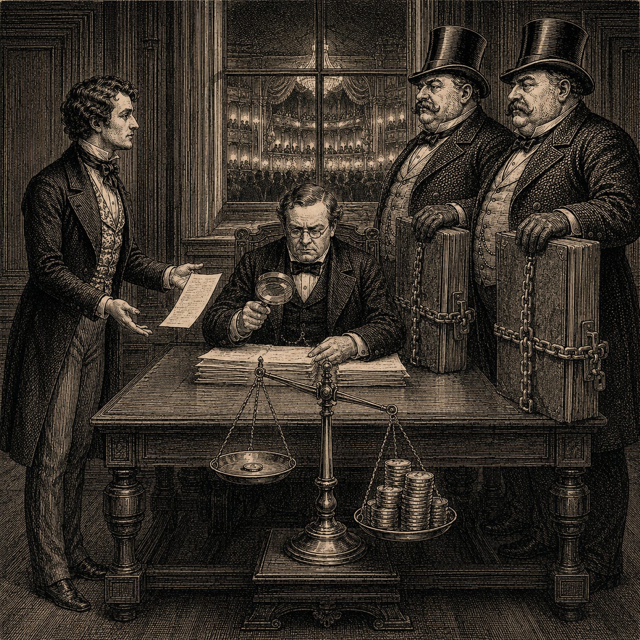 Wood-engraving editorial illustration in the Thomas Nast Harper's Weekly style for Attention Capital's essay The Rented Boom. An auditor at a heavy oak table weighs a showman's single sheet of paper against two landlords' massive chained deed folios, with a tipped brass scale between them and a glowing theater visible through the window. The image stages the essay's ownership audit: the micro-drama apps hold a thin claim on their audience while Meta and TikTok hold the deed to the demand. Keywords: ownership audit, owned vs. rented attention, platform risk, Meta, TikTok, audience as collateral.