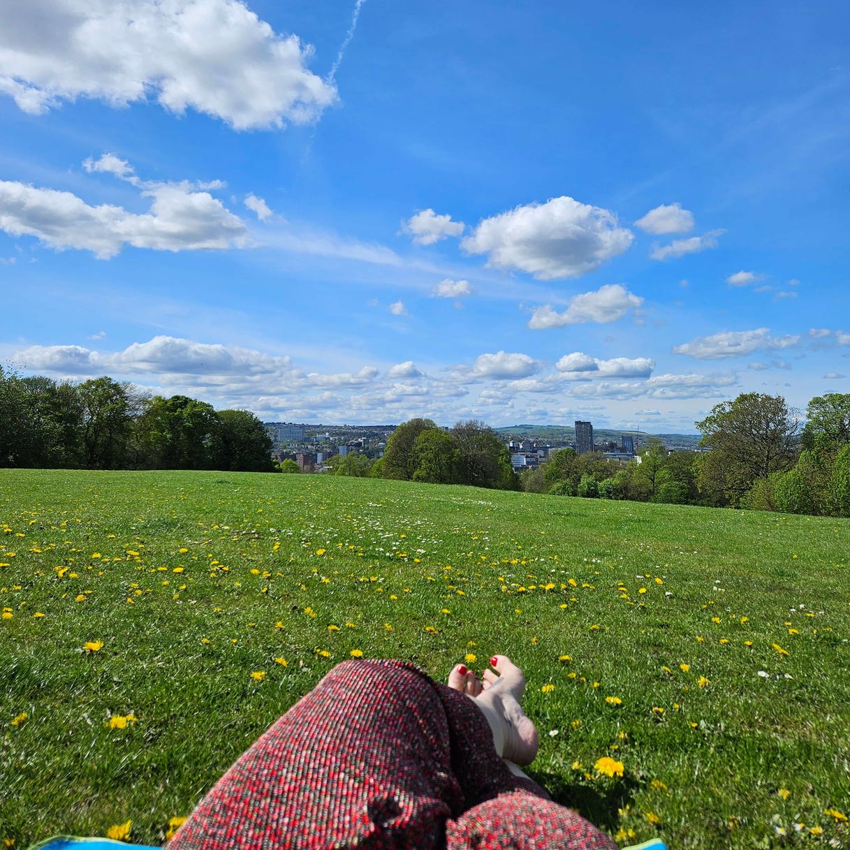 A green field and blue sky with a city in the distance. In the foreground is a pair of crossed legs wearing red trousers A green field and blue sky with a city in the distance. In the foreground is a pair of crossed legs wearing red trousers