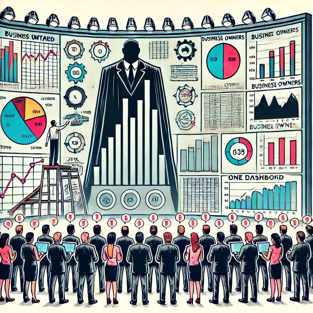 A comic strip-style image featuring a large, imposing dashboard filled with various charts, graphs, and numbers, standing tall like a shrine. In front of the dashboard, a group of business owners, holding laptops and mobile phones, are gathered around it, worshipping it as if it were a sacred structure. The scene should be slightly humorous, with the business owners depicted in a way that shows their mistaken belief in the power of this 'one dashboard to rule them all.' The overall style should be a mix of lightheartedness and insight, using clean and clear lines without any text.