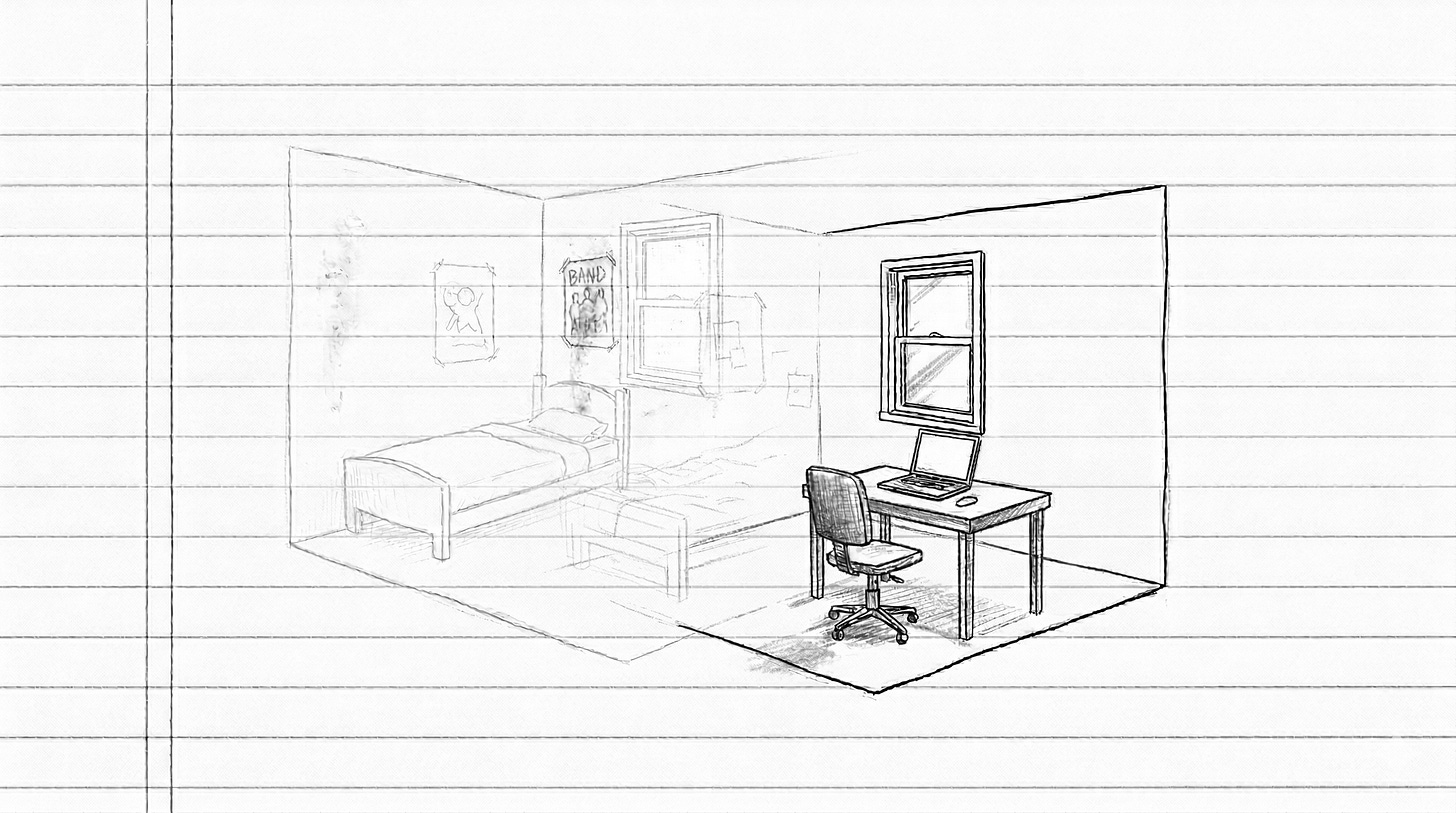 A sketch illustration of a room divided between a bedroom and a home office, representing three lives lived in the same four walls.