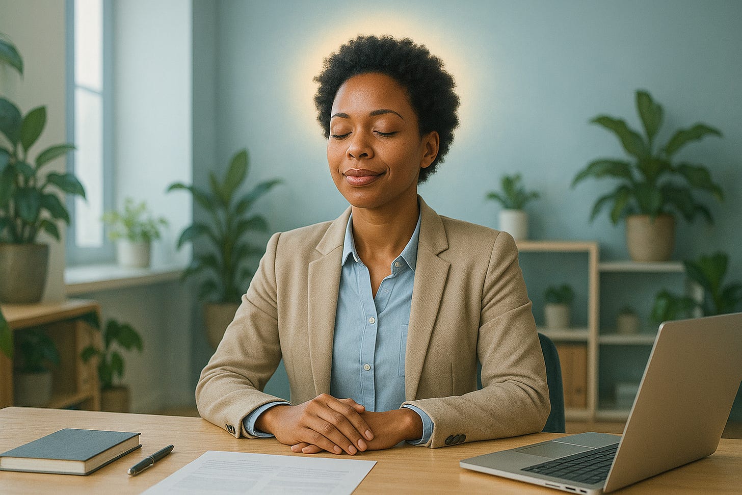 Calm professional woman at organized desk with peaceful expression showing mental clarity and stress-free productivity