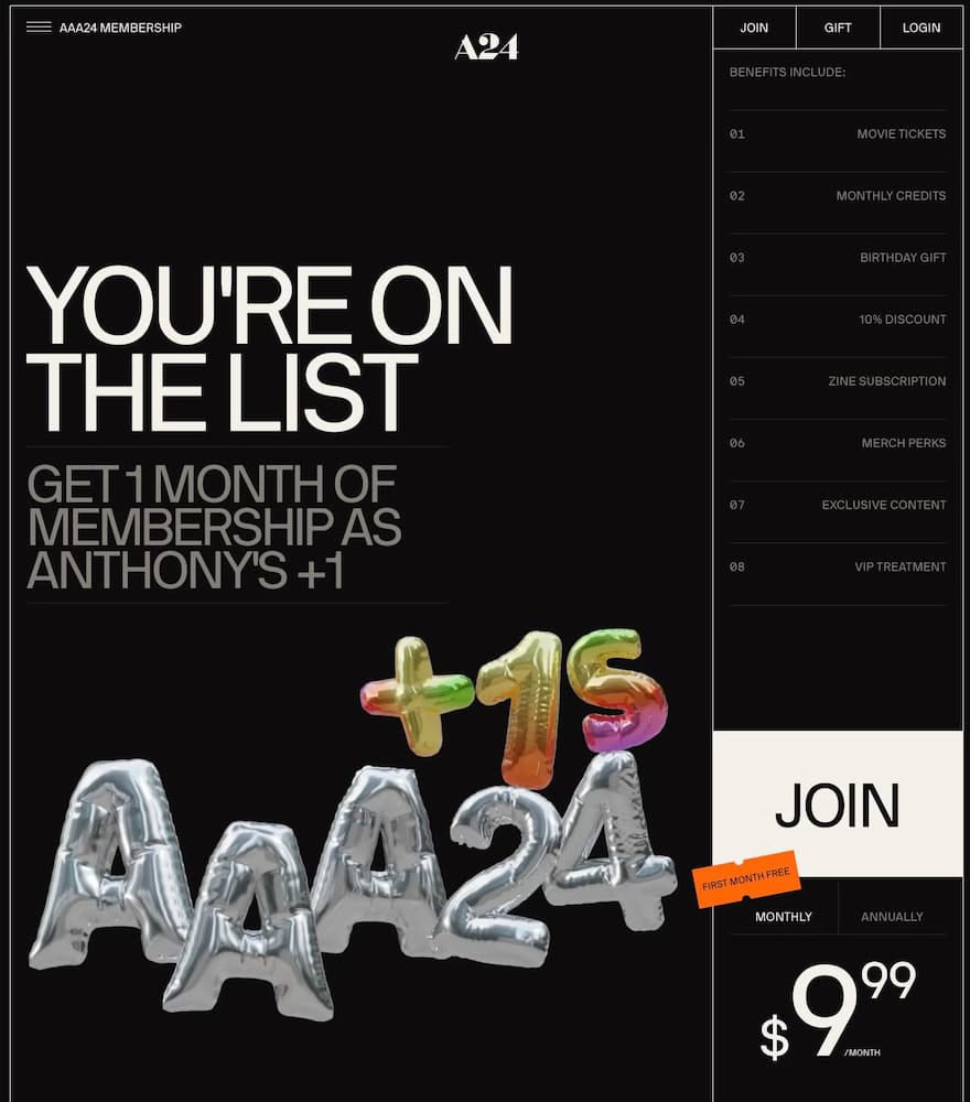Image of text for a free month of A24 Films  membership.