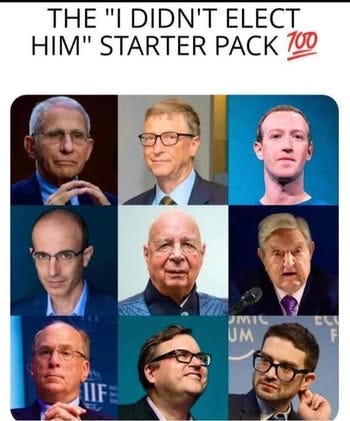 May be an image of 9 people and text that says 'THE "ㅣ DIDN'T ELECT HIM" STARTER PACK 100 OMIL UM EC IIF'