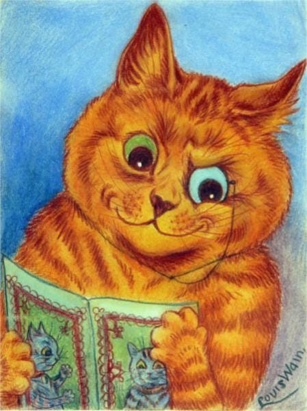 Grade com quatro pinturas de gatos realizadas pelo artista Louis Waren. 1. A pintura em estilo Art Nouveau apresenta um gato laranja antropomorfizado, com listras e olhos grandes e expressivos. O gato usa um monóculo em um dos olhos e tem uma expressão facial curiosa ou satisfeita. Ele está segurando e lendo um livro aberto com ilustrações coloridas nas páginas. O fundo é predominantemente azul 2. A imagem é uma ilustração colorida intitulada "The Skipping Mascot" (O Mascote Saltitante), e apresenta um gato cinza antropomórfico, usando um vestido bege ou amarelo e pulando corda. O gato tem olhos grandes e expressivos. A ilustração mostra o gato de perfil, com a boca aberta e bigodes proeminentes. O título da obra e a assinatura do artista são visíveis na parte inferior direita da imagem. 3. A imagem é uma pintura vibrante e colorida do rosto de um gato, com flores roxas cobrindo seus olhos. A pintura utiliza uma paleta de cores brilhantes e saturadas, com pinceladas expressivas que dão uma sensação de energia e movimento. Tons de azul, laranja, amarelo e verde se misturam para criar um efeito visual intenso. O rosto do gato preenche a maior parte da tela, centralizando o foco no seu olhar peculiar. As flores roxas com miolos alaranjados substituem os olhos, adicionando um elemento surreal e lúdico à imagem. 4. A imagem é uma obra frequentemente referida por títulos como "Trippy Kitty" ou "Psychedelic Rainbow Cat". A ilustração colorida apresenta um gato de perfil, preenchido com padrões intrincados, caleidoscópicos e redemoinhos, utilizando uma paleta de cores vibrantes e ousadas, incluindo amarelo, laranja, rosa, azul e verde. A assinatura do artista, "Louis Wain", é visível no canto inferior esquerdo da imagem.