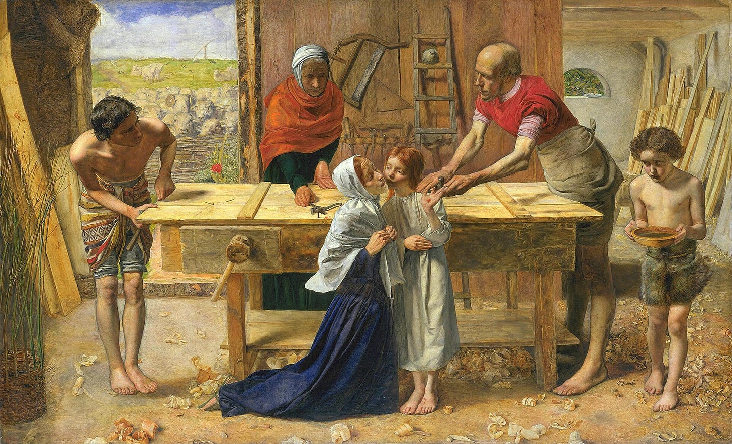 In a cluttered carpenter's workshop, the boy Jesus shows a cut on his palm while Mary kneels to kiss him, Joseph leans over the workbench, an old woman reaches with pincers and a boy carries a bowl of water, with sheep crowding behind a fence at left.