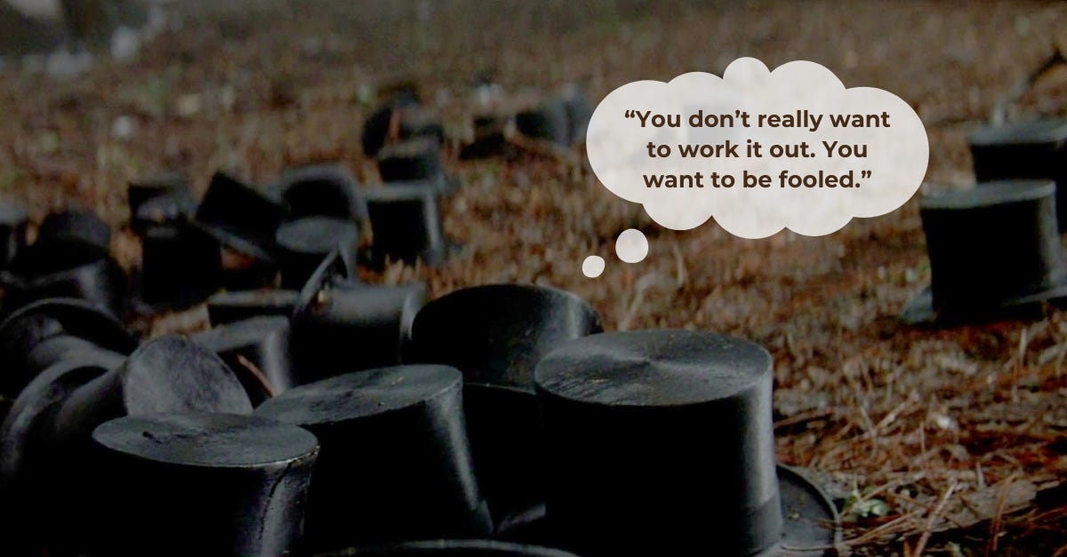 Scene of Top Hats from The Prestige with quote.