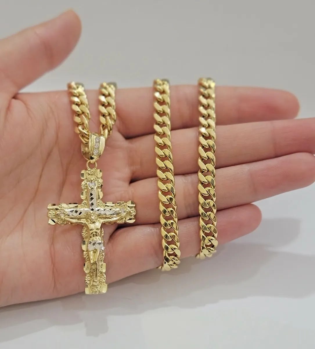 Real 10k Gold Chain Cross SET Miami Cuban Link Necklace 6mm 24" 26" 28"  Crucifix | eBay