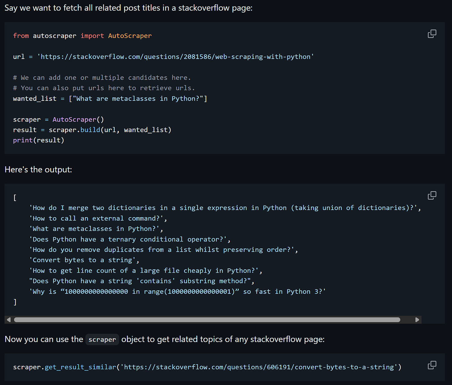Rule-based scraping example from the AutoScraper docs