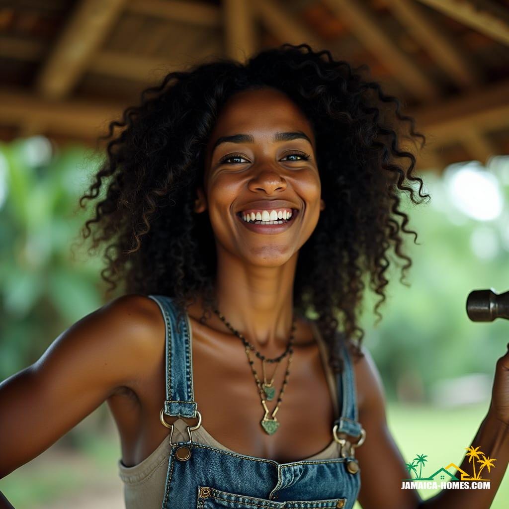 A stunning Jamaican woman with curly dark hair, bright smile, and worn denim overalls, hammer in hand, constructing her dream house amidst a lush Jamaican landscape