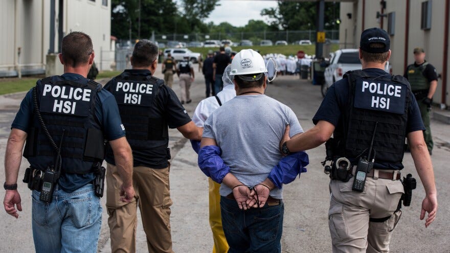 "We will not tolerate unscrupulous employers who exploit unauthorized workers," Homeland Security Secretary Alejandro Mayorkas said, as he ordered a halt to mass workplace raids. Here, special agents with Homeland Security Investigations lead a worker away from a workplace raid in Ohio in 2018, part of a string of such operations during the Trump administration. "We will not tolerate unscrupulous employers who exploit unauthorized workers," Homeland Security Secretary Alejandro Mayorkas said, as he ordered a halt to mass workplace raids. Here, special agents with Homeland Security Investigations lead a worker away from a workplace raid in Ohio in 2018, part of a string of such operations during the Trump administration.