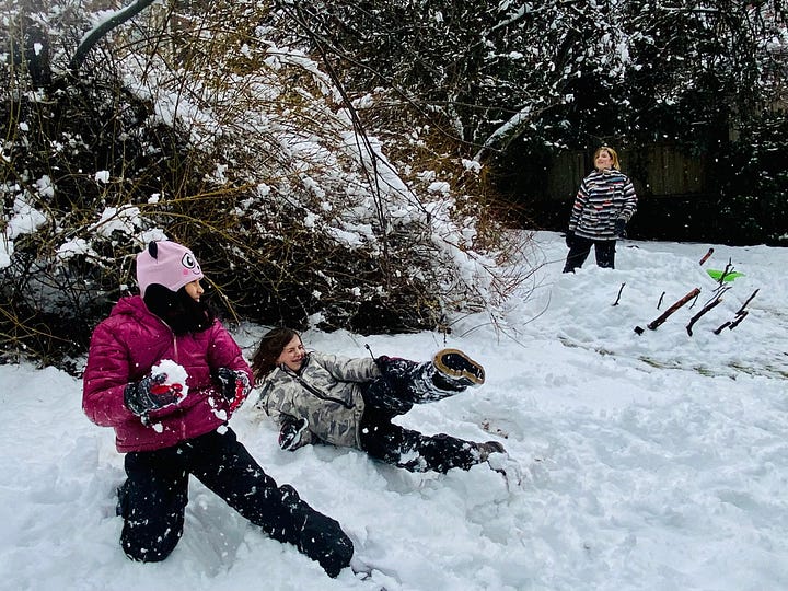 Left: 3 people having snowball fight; Right: 3 kids throwing snowballs