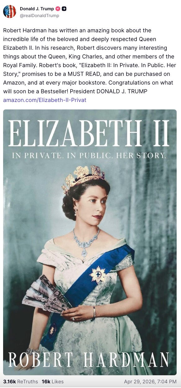 Robert Hardman has written an amazing book about the incredible life of the beloved and deeply respected Queen Elizabeth II. In his research, Robert discovers many interesting things about the Queen, King Charles, and other members of the Royal Family. Robert's book, "Elizabeth II: In Private. In Public. Her Story," promises to be a MUST READ, and can be purchased on Amazon, and at every major bookstore. Congratulations on what will soon be a Bestseller! President DONALD J. TRUMP amazon.com/Elizabeth-II-Privat