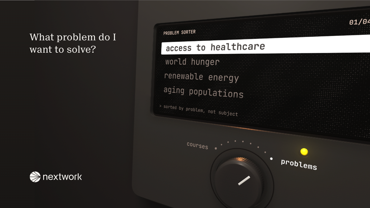 What problem do I want to solve? A problem sorter device with its dial turned from courses to problems, and a screen listing access to healthcare, world hunger, renewable energy and aging populations. What problem do I want to solve? A problem sorter device with its dial turned from courses to problems, and a screen listing access to healthcare, world hunger, renewable energy and aging populations.