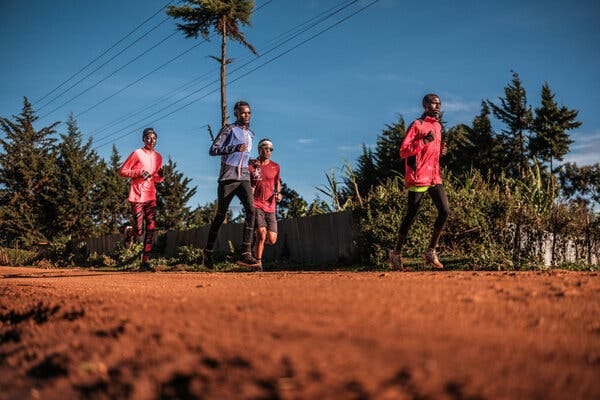 Four people run on a dirt path. They wear bright pink, blue, and red athletic tops, with green trees and a blue sky overhead. Four people run on a dirt path. They wear bright pink, blue, and red athletic tops, with green trees and a blue sky overhead.