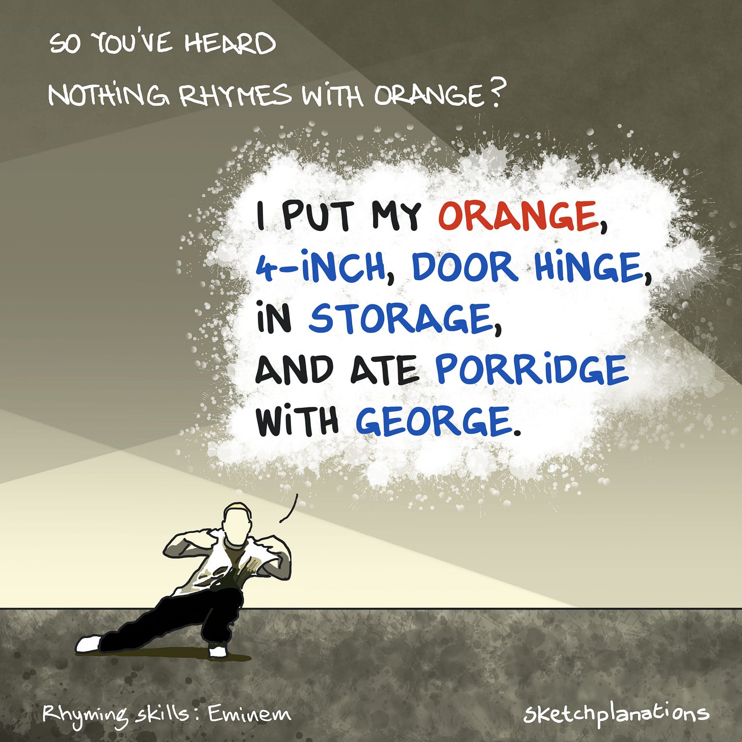 Eminem rhyme with orange example: "I put my orange four-inch door hinge in storage and ate porridge with George" showing how "nothing rhymes with orange" is wrong