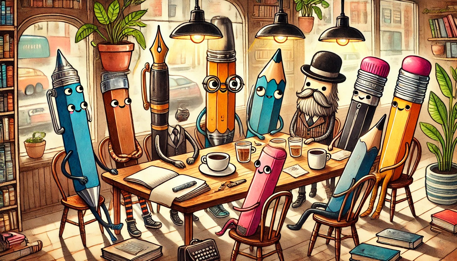 A group of different kinds of pens and pencils, all anthropomorphized, seated around a table in a cafe having a meeting in watercolor style in landscape orientation.
