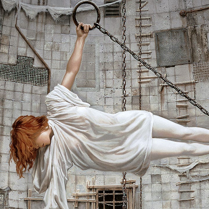 LEFT: Detail from THE REACH featuring a vast chamber lined with concrete panels. A redheaded woman hangs suspended from iron rings in sideways T pose. With her free arm, she reaches down toward a hazy band of mist below. RIGHT: Figure detail from THE REACH featuring a woman gripping an iron ring to hang suspended horizontally. The background behind her evokes a huge concrete chamber. Her red hair spills downward obscuring her face from the nose up as she looks downward. She wears white tights and a white billowy top. The sleeve on the arm gripping the ring piles at her shoulder exposing her skin while her hood hangs loosely with her bottom sleeve.