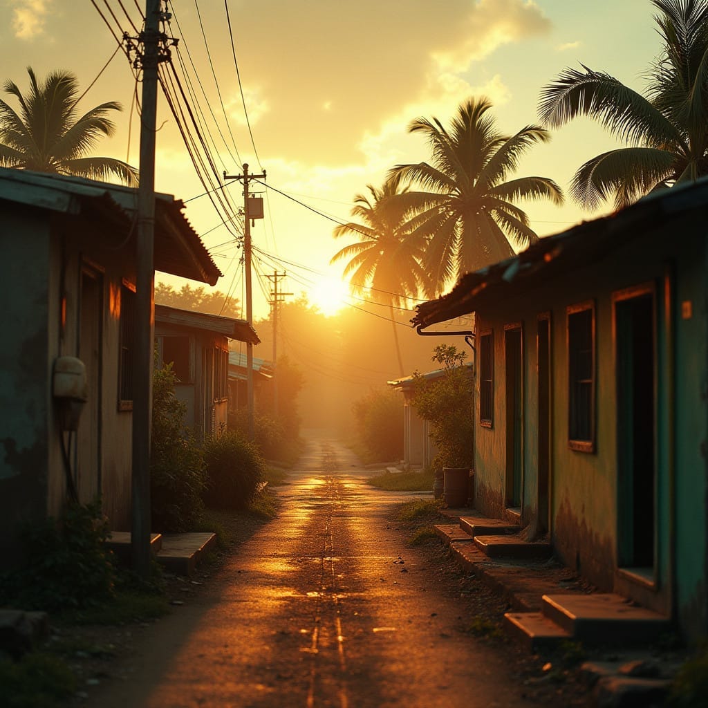 Vibrant Jamaican ghetto community, bathed in warm, golden light, with deep shadows and rich textures, as if shot on 35mm film with a V-Raptor XL camera, featuring a subtle film grain and vignette, expertly color graded to evoke a sense of nostalgia and grit, with cinematic lighting that accentuates the community's resilience and beauty, reminiscent of the works of cinematographer Roger Deakins, with the atmospheric depth of a Terrence Malick film, and the dramatic flair of a Barry Jenkins cinematic masterpiece, evoking the gritty realism of a Gordon Parks photograph, with the epic scope of a Marvel film, and the stunning visuals of a Denis Villeneuve blockbuster.
