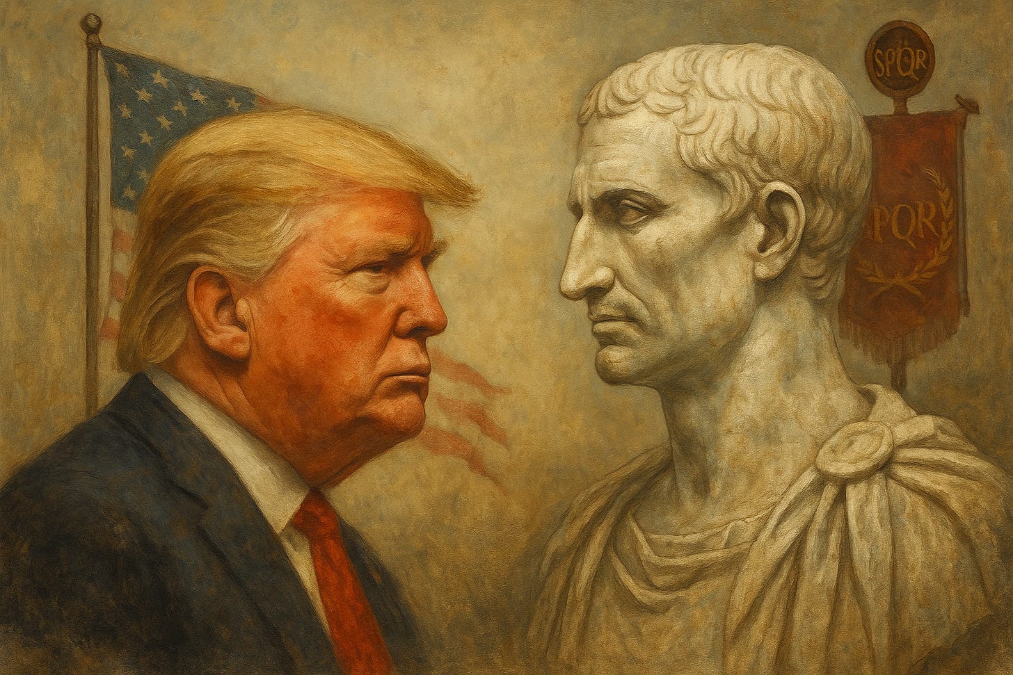 A digitally painted, muted-tone illustration depicting a symbolic faceoff between Donald Trump and Julius Caesar. Trump stands on the left with a stern expression, set against a tattered and faded American flag draped in the background. On the right, Caesar, in classical Roman attire, gazes back with a calm but commanding presence, framed by a tilted SPQR legionary standard. The composition suggests ideological and historical tension, with both figures subtly illuminated against a stormy, subdued backdrop.