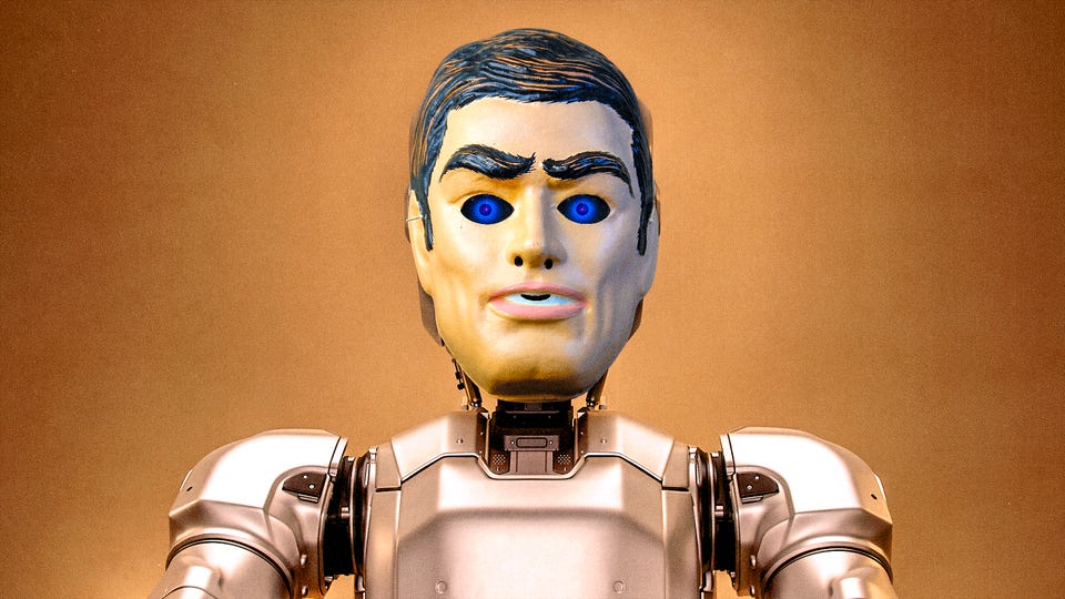 A metallic robot wears a human mask over a copper background