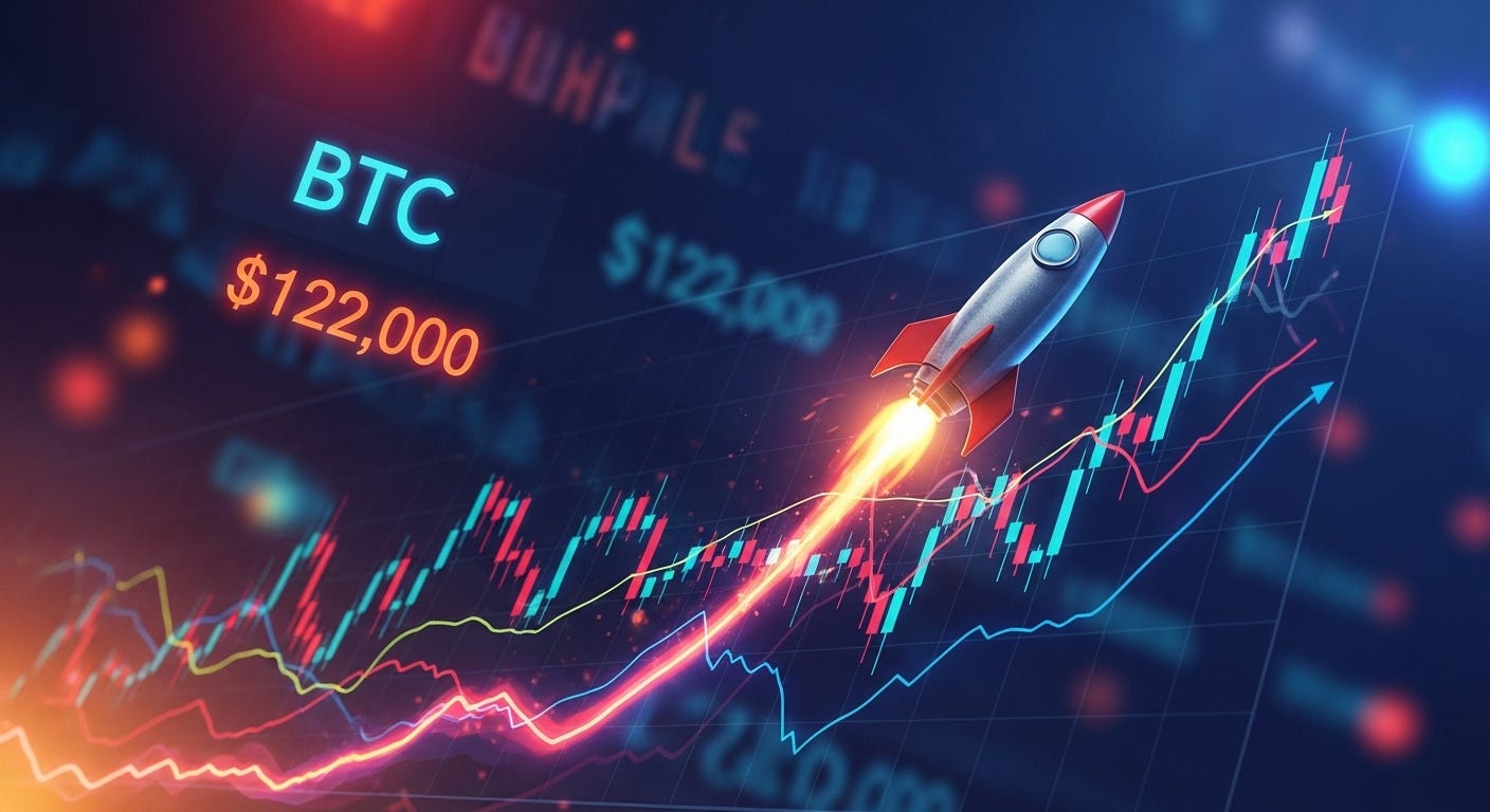 A graphic depicts a red and white rocket taking off over a blue background filled with financial charts, upward-trending lines, and "BTC $122,000" text, symbolizing a cryptocurrency price surge.