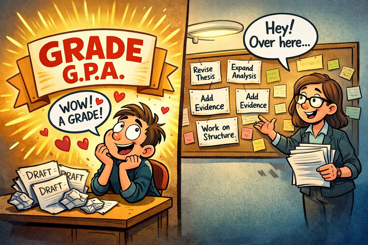 A split-panel cartoon shows a student on the left beaming at a large “GRADE G.P.A.” sign while ignoring a pile of crumpled drafts, and on the right a female professor gestures toward a bulletin board covered in feedback notes (e.g., “Revise thesis,” “Add evidence,” “Work on structure”), calling out “Hey! Over here…” as she tries to redirect the student’s attention to revision.
