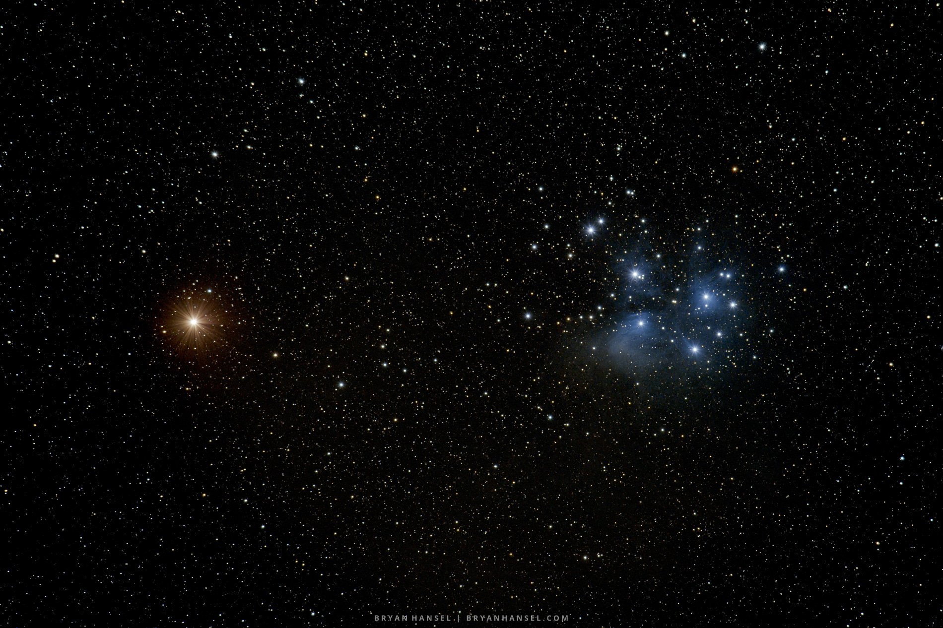 Pleiades and mars together in the night sky