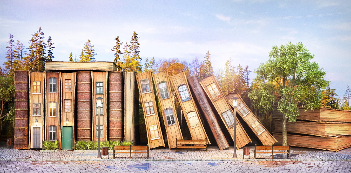 Illustration of a street where buildings are formed from stacked and leaning books, resembling a small town made of literature. Illustration of a street where buildings are formed from stacked and leaning books, resembling a small town made of literature.
