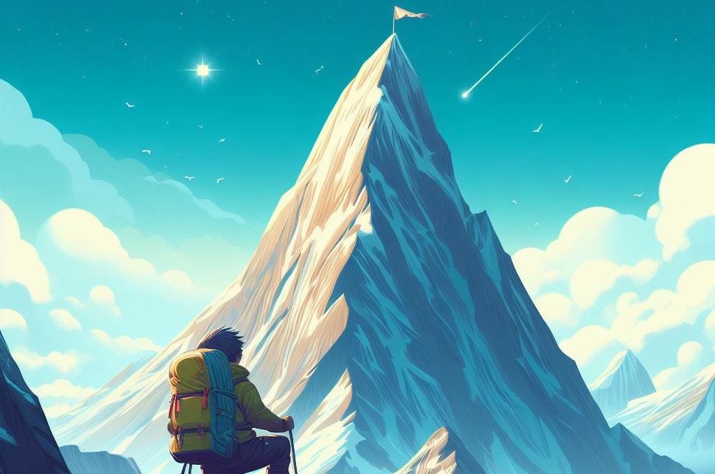 A kid looking at a mountaintop, ready to try and scale it