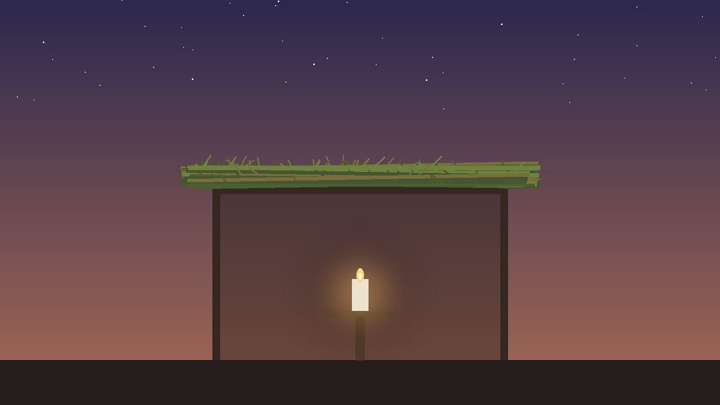Quiet illustration of an empty sukkah at dusk with a branch roof, a single memorial candle glowing on a small table inside, and a few early stars.