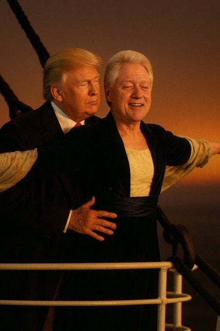 This may contain: two people standing on a boat with their arms around each other as the sun sets