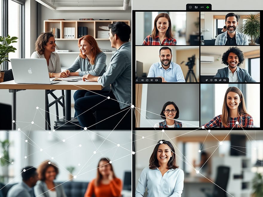 A split screen showing a diverse team. On one side, people are collaborating warmly in a physical office space. On the other, individuals engaged and smiling on video call screens. Connecting lines form a strong, interwoven network or ‘safety net’ graphic between all individuals, symbolising trust and psychological safety across locations.