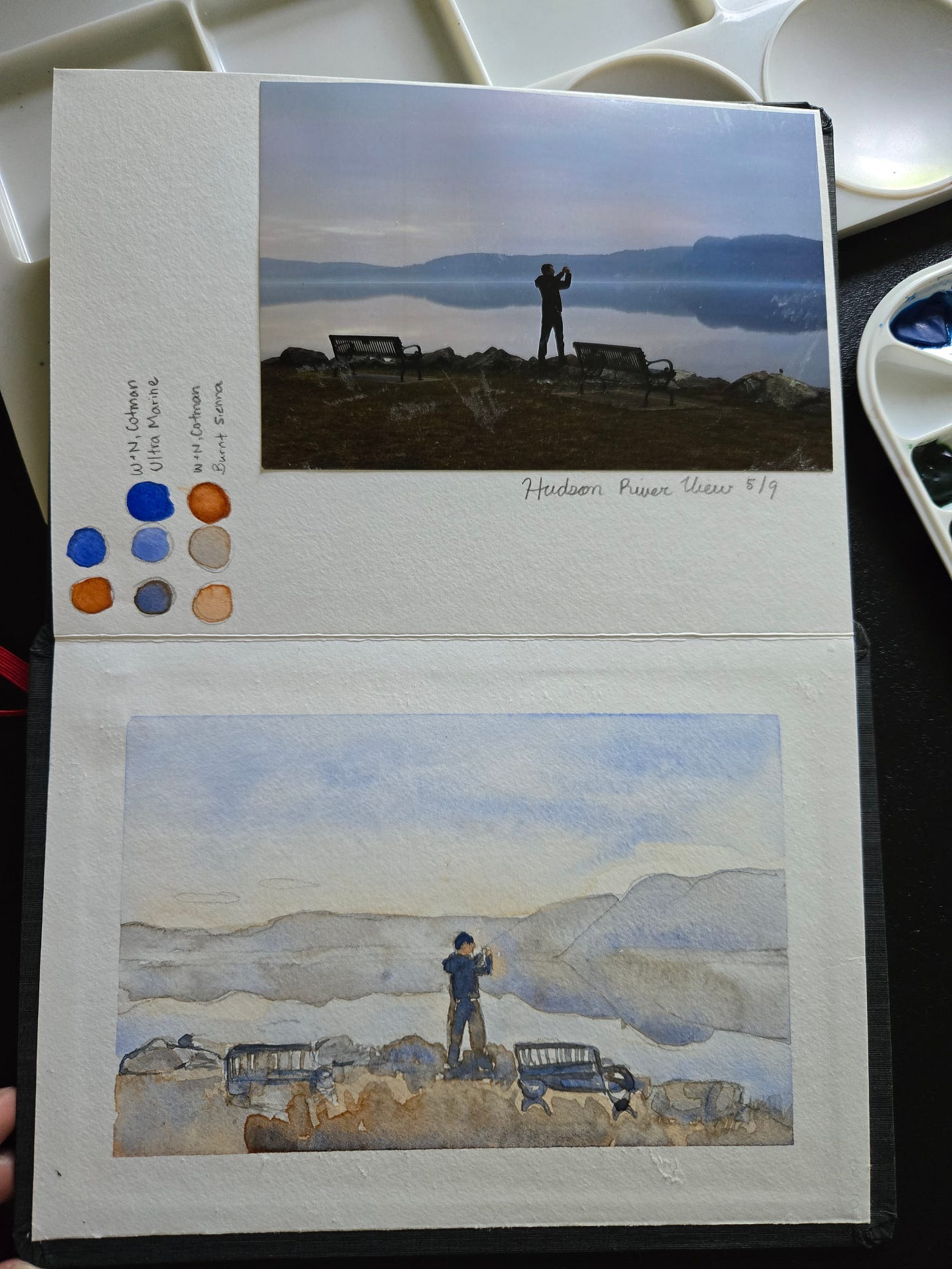 Side-by-side photograph and watercolor painting of the Hudson River, showing a person taking a photo near benches with mountains in the distance.