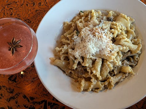 Campanelle pasta with Porcini Crema, Roasted Wild Mushrooms and Sage with “Tony’s Woodstove” cocktail including Banhez Mezcal, Campari and Star Anise that I had at the Red Hen recently.